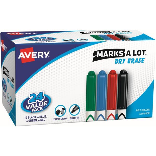 Avery&reg; Pen-Style Dry Erase Markers - Bullet Marker Point Style - Black, Red, Blue, Green - 24 / Box