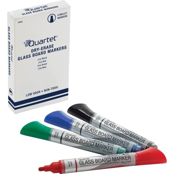 Quartet Premium Glass Board Dry-Erase Markers, Bullet Tip, Assorted Colors, 4 Pack
