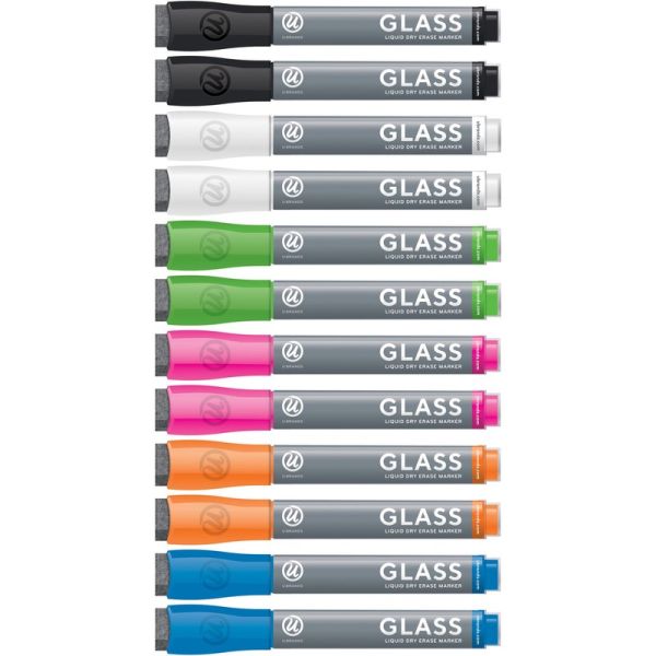 U Brands Liquid Glass Board Dry Erase Markers with Erasers - Medium Marker Point - Bullet Marker Point Style - 12 / Pack