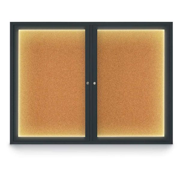 48" x 36" Double Door Traditional Outdoor Illuminated Corkboard with Natural Self-healing Cork Backing Board, & Black Anodized Aluminum Frame