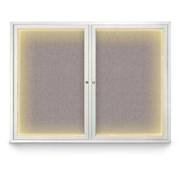 48" x 36" Double Door Traditional Outdoor Illuminated Corkboard with Pearl Fabric Backing Board, & Satin Anodized Aluminum Frame