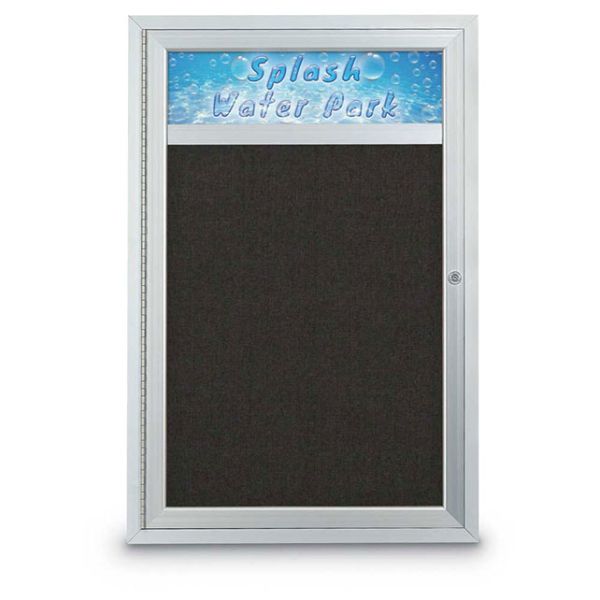 24" x 36" Single Door Traditional Outdoor with Header Corkboard with Black Fabric Backing Board, & Satin Anodized Aluminum Frame