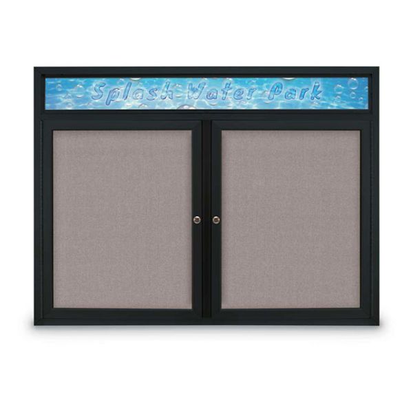 48" x 36" Double Door Traditional Outdoor with Header Corkboard with Pearl Fabric Backing Board, & Black Anodized Aluminum Frame