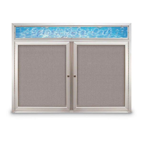 48" x 36" Double Door Traditional Outdoor with Header Corkboard with Pearl Fabric Backing Board, & Satin Anodized Aluminum Frame