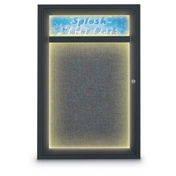 24" X 36" Single Door Traditional Outdoor with Illumination and Header Corkboard with Medium Grey Fabric Backing Board, & Black Anodized Aluminum Frame