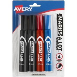 Avery&reg; Marks A Lot Permanent Markers - Chisel Marker Point Style - Black, Blue, Red - Black, Blue, Red Barrel - 4 / Pack