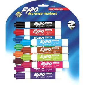 Expo Low Odor Markers - Chisel Marker Point Style - Red, Brown, Orange, Yellow, Green, Blue, Pink, Black - 12 / Set