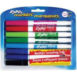 Expo Low-Odor Dry-erase Fine Tip Markers - Fine Marker Point - Black, Blue, Turquoise, Aqua, Green, Lime, Pink, Red - 8 / Set