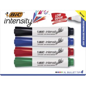 BIC Intensity XL Bullet Low Odor Dry-Erase Markers - Bullet Marker Point Style - Assorted, Blue, Green, Red - 4 / Set