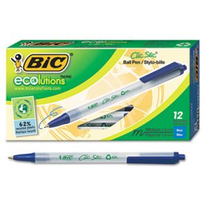 Bic® Ecolutions Clic Stic Ballpoint Pen, Retractable, Medium 1 mm, Blue Ink, Clear Barrel, Dozen