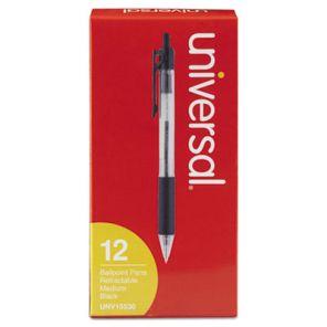 Universal Comfort Grip Ballpoint Pen, Retractable, Medium 1 mm, Black Ink, Clear Barrel, Dozen