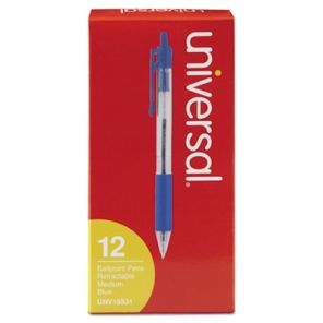 Universal Comfort Grip Ballpoint Pen, Retractable, Medium 1 mm, Blue Ink, Clear Barrel, Dozen