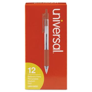Universal Comfort Grip Ballpoint Pen, Retractable, Medium 1 mm, Red Ink, Clear Barrel, Dozen
