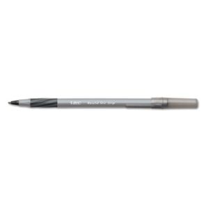 BIC® Round Stic Grip Xtra Comfort Ballpoint Pen, Stick, Fine 0.8 mm, Black Ink, Gray/Black Barrel, Dozen 
