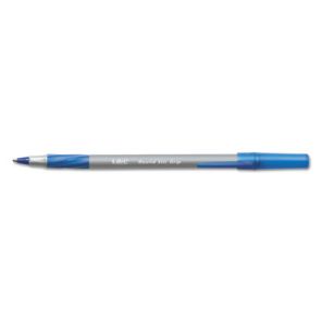 Bic® Round Stic Grip Xtra Comfort Ballpoint Pen, Easy-Glide, Stick, Medium 1.2 mm, Blue Ink, Gray/Blue Barrel, Dozen