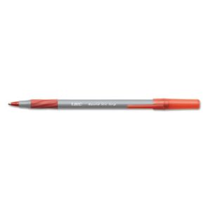 BIC® Round Stic Grip Xtra Comfort Ballpoint Pen, Easy-Glide, Stick, Medium 1.2 mm, Red Ink, Gray/Red Barrel, Dozen 