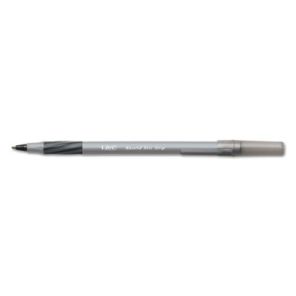 BIC® Round Stic Grip Xtra Comfort Ballpoint Pen, Easy-Glide, Stick, Medium 1.2 mm, Black Ink, Gray/Black Barrel, Dozen 