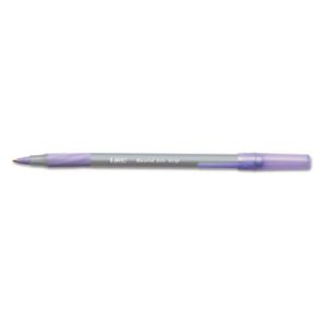 Bic® Round Stic Grip Xtra Comfort Ballpoint Pen, Easy-Glide, Stick, Medium 1.2 mm, Purple Ink, Gray/Purple Barrel, Dozen