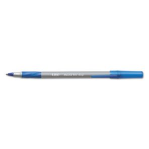 Bic® Round Stic Grip Xtra Comfort Ballpoint Pen, Stick, Fine 0.8 mm, Blue Ink, Gray/Blue Barrel, Dozen