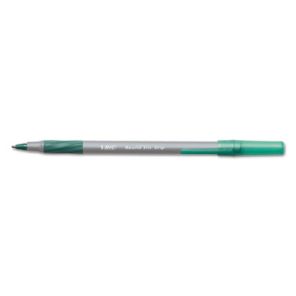 Bic® Round Stic Grip Xtra Comfort Ballpoint Pen, Easy-Glide, Stick, Medium 1.2 mm, Green Ink, Gray/Green Barrel, Dozen