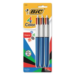 Bic® 4-Color Multi-Color Ballpoint Pen, Retractable, Medium 1 mm, Black/Blue/Green/Red Ink, Blue Barrel, 3/Pack