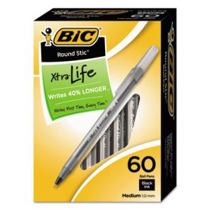 BIC® Round Stic Xtra Life Ballpoint Pen Value Pack, Stick, Medium 1 mm, Black Ink, Smoke Barrel, 60/Box 