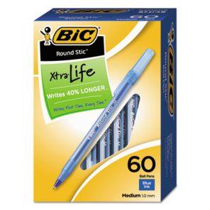 Bic® Round Stic Xtra Life Ballpoint Pen Value Pack, Stick, Medium 1 mm, Blue Ink, Translucent Blue Barrel, 60/Box