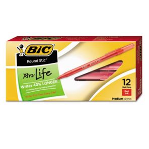 BIC® Round Stic Xtra Life Ballpoint Pen, Stick, Medium 1 mm, Red Ink, Translucent Red Barrel, Dozen 