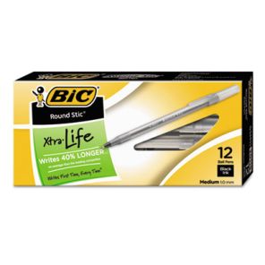 BIC® Round Stic Xtra Life Ballpoint Pen, Stick, Medium 1 mm, Black Ink, Smoke Barrel, Dozen 