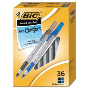 Bic® Round Stic Grip Xtra Comfort Ballpoint Pen Value Pack, Easy-Glide, Stick, Medium 1.2mm, Assorted Ink and Barrel Colors, 36/PK