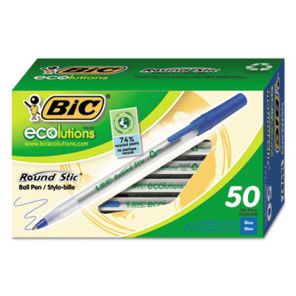 Bic® Ecolutions Round Stic Ballpoint Pen Value Pack, Stick, Medium 1 mm, Blue Ink, Clear Barrel, 50/Pack