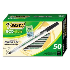 Bic® Ecolutions Round Stic Ballpoint Pen Value Pack, Stick, Medium 1 mm, Black Ink, Clear Barrel, 50/Pack
