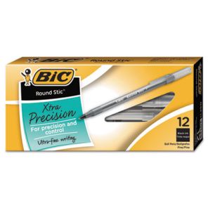 BIC® Round Stic Xtra Precision Ballpoint Pen, Stick, Fine 0.8 mm, Black Ink, Smoke Barrel, Dozen 
