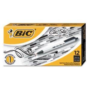 BIC® Clic Stic Ballpoint Pen, Retractable, Medium 1 mm, Black Ink, White Barrel, Dozen 