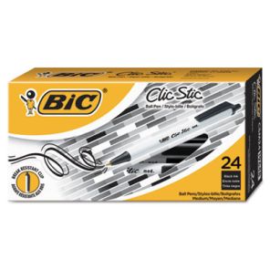 Bic® Clic Stic Ballpoint Pen Value Pack, Retractable, Medium 1 mm, Black Ink, White Barrel, 24/Pack