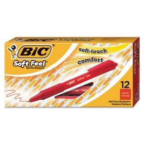 Bic® Soft Feel Ballpoint Pen, Retractable, Medium 1 mm, Red Ink, Red Barrel, Dozen