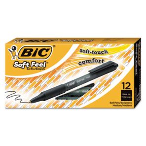 Bic® Soft Feel Ballpoint Pen, Retractable, Medium 1 mm, Black Ink, Black Barrel, Dozen 