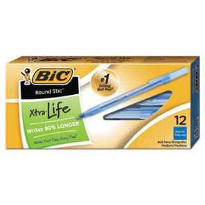 Bic® Round Stic Xtra Life Ballpoint Pen, Stick, Medium 1 mm, Blue Ink, Translucent Blue Barrel, Dozen
