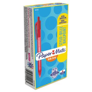 Paper mate® InkJoy 100 RT Ballpoint Pen, Retractable, Medium 1 mm, Red Ink, Red Barrel, Dozen 