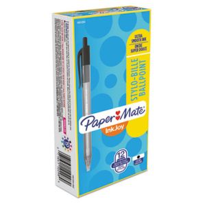 Paper mate® InkJoy 100 RT Ballpoint Pen, Retractable, Medium 1 mm, Black Ink, Black Barrel, Dozen 