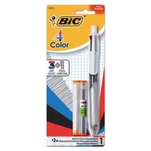 Bic® 4-Color 3 + 1 Multi-Color Ballpoint Pen/Pencil, Retractable, 1 mm Pen/0.7 mm Pencil, Black/Blue/Red Ink, Gray/White Barrel 