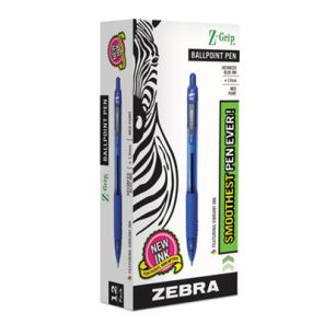 Zebra® Z-Grip Ballpoint Pen, Retractable, Medium 1 mm, Blue Ink, Clear Barrel, Dozen 