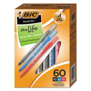 Bic® Round Stic Xtra Precision Ballpoint Pen Value Pack, Stick, Medium 1 mm, Assorted Ink and Barrel Colors, 60/Pack