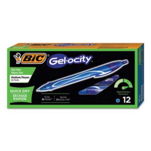 Bic® Gel-ocity Quick Dry Gel Pen, Retractable, Medium 0.7 mm, Blue Ink, Blue Barrel, Dozen