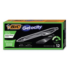 Bic® Gel-ocity Quick Dry Gel Pen, Retractable, Medium 0.7 mm, Black Ink, Black Barrel, Dozen