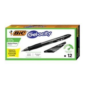 BIC® Gel-ocity Gel Pen, Retractable, Medium 0.7 mm, Black Ink, Translucent Black Barrel, Dozen 