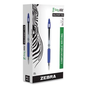 Zebra® Z-Grip MAX Ballpoint Pen, Retractable, Medium 1 mm, Blue Ink, Silver Barrel, Dozen 