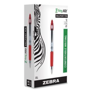 Zebra® Z-Grip MAX Ballpoint Pen, Retractable, Medium 1 mm, Red Ink, Silver Barrel, Dozen 