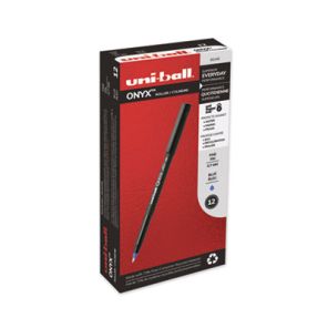 Uni-ball® ONYX Roller Ball Pen, Stick, Fine 0.7 mm, Blue Ink, Black Matte Barrel, Dozen 