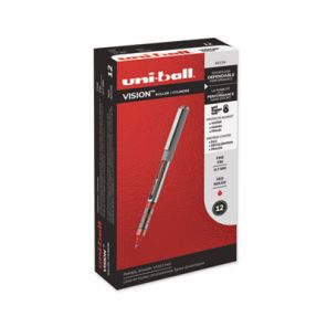 Uni-ball® VISION Roller Ball Pen, Stick, Fine 0.7 mm, Red Ink, Gray/Red Barrel, Dozen 